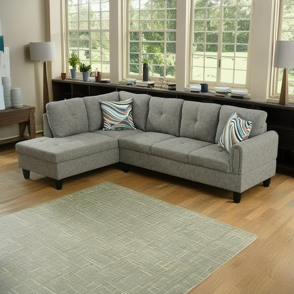 Hommoo Modern Flannel Living Room Furniture Sets Sectional Couches and Sofas, L-Shaped Sectional Couch Sofa, Grey(No Ottoman)