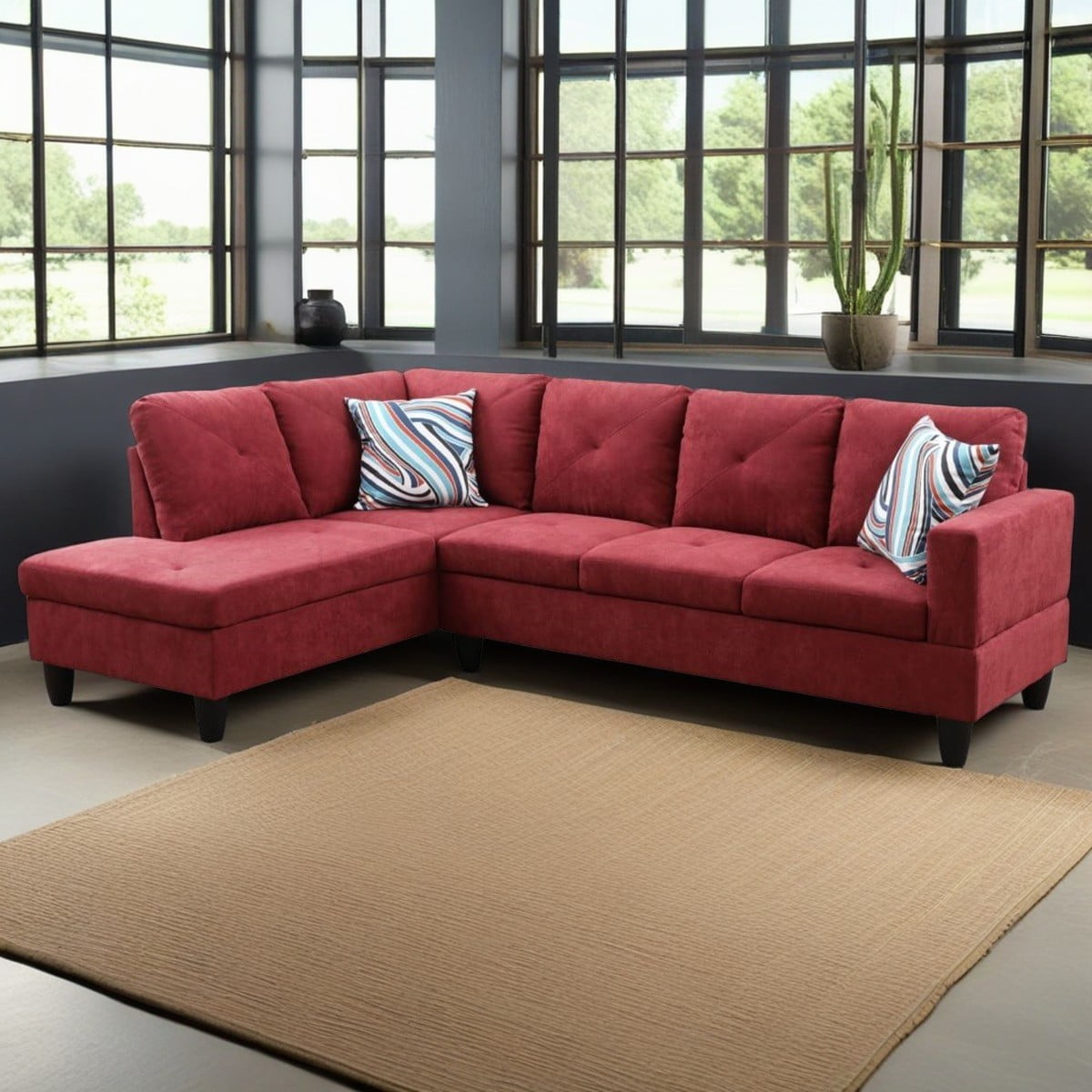 Hommoo Modern Flannelette L Shaped Couches and Sofas Model, 4 Seat Sectional Sofa Living Room Furniture Sets for Home, Red(No Ottomans)