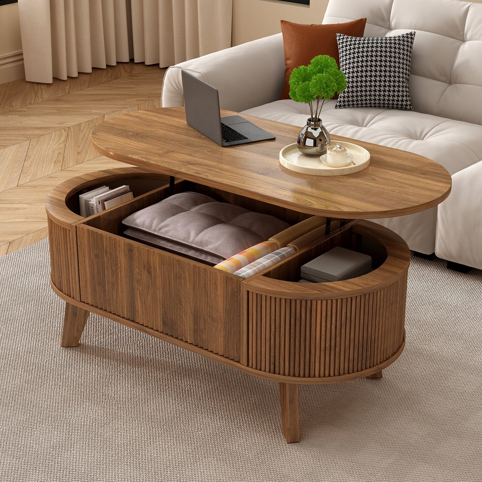 Hommoo Modern Fluted Lift Top Coffee Table with Hidden Storage, Mid-Century Oval Living Room or Home Office Table, Walnut