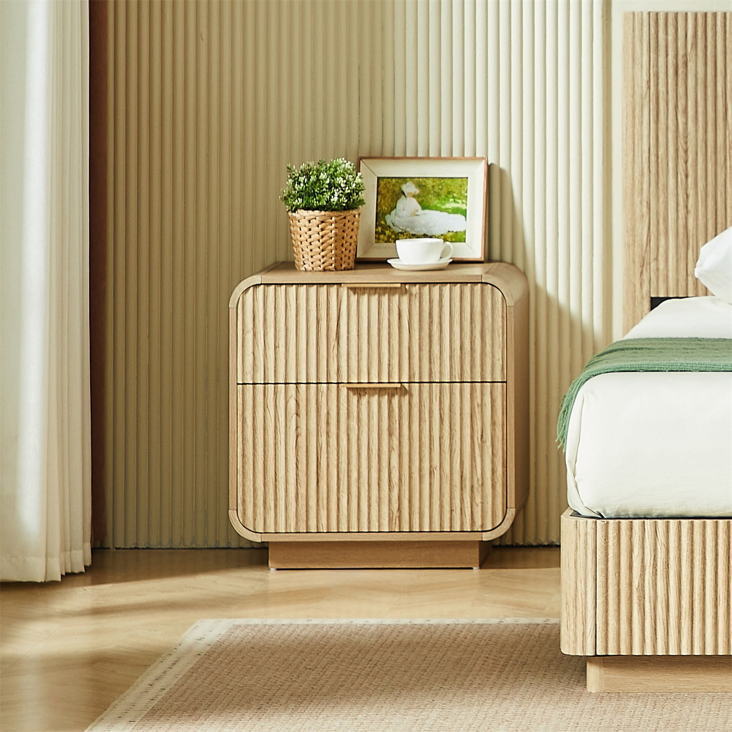 Hommoo Modern Fluted Nightstand with 2 Soft-Close Drawers, Gold L-Shape Metal Handles, Rounded Corners & Sturdy Particle Board Construction, Bedroom Bedside Table, Natural