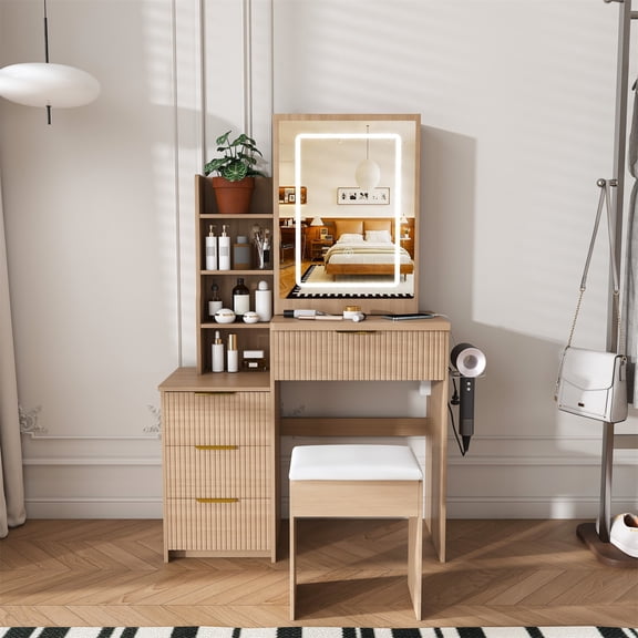 Hommoo Modern Fluted Vanity Desk Set, Makeup Vanity Dressing Table with Adjustable Brightness LED Lighted Mirror, 4-Drawer and Storage Shelves, Hair Dryer Holder and Power Socket, and Stool, Walnut