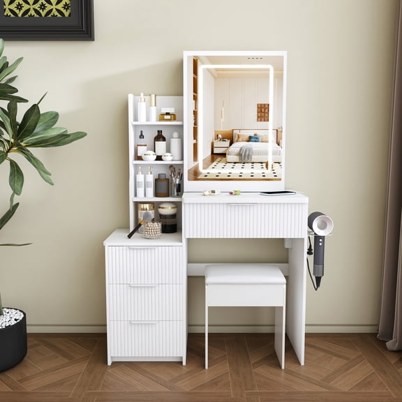 Hommoo Modern Fluted Vanity Desk Set, Makeup Vanity Dressing Table with Adjustable Brightness LED Lighted Mirror, 4-Drawer and Storage Shelves, Hair Dryer Holder and Power Socket, and Stool, White