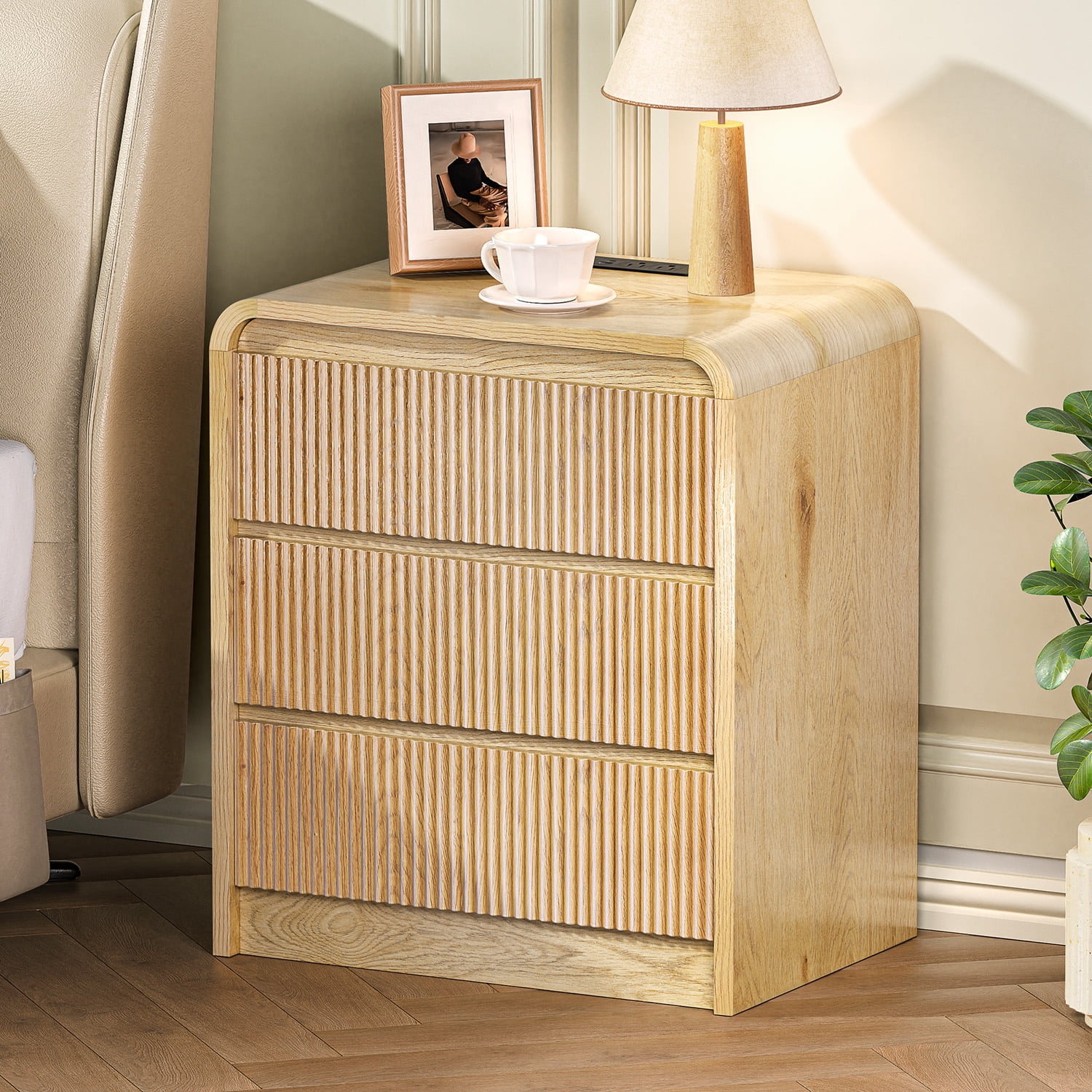 Hommoo Modern Fluted Wood Nightstand with Built-in Charging Station, 25" Tall Bedside Table with 3 Smooth-Glide Drawers, USB Ports & AC Outlets, Mid-Century Bedroom End Table, Natural