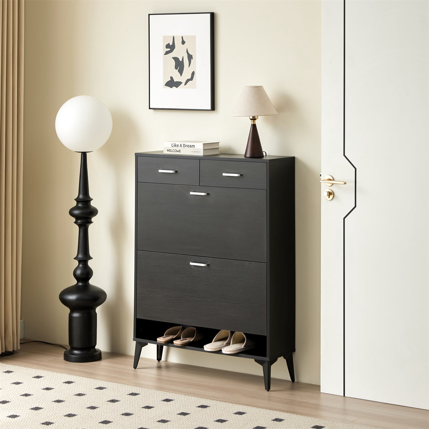 Hommoo Modern Freestanding Shoe Cabinet, Tipping Bucket Shoe Rack Organizer with 2 Flip Drawers&2 Drawer, Black