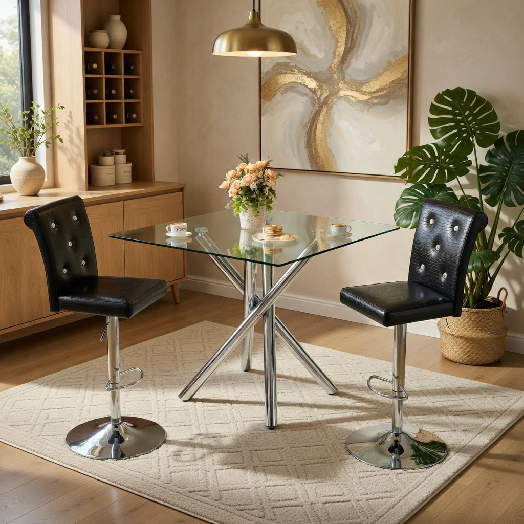 Hommoo Modern Glass Bar Table Set with 2 Adjustable Swivel Bar Stools, Chrome Metal Base, PU Leather Seating, Contemporary Counter Height Pub Table, Home Bar & Small Spaces, Black & Sliver