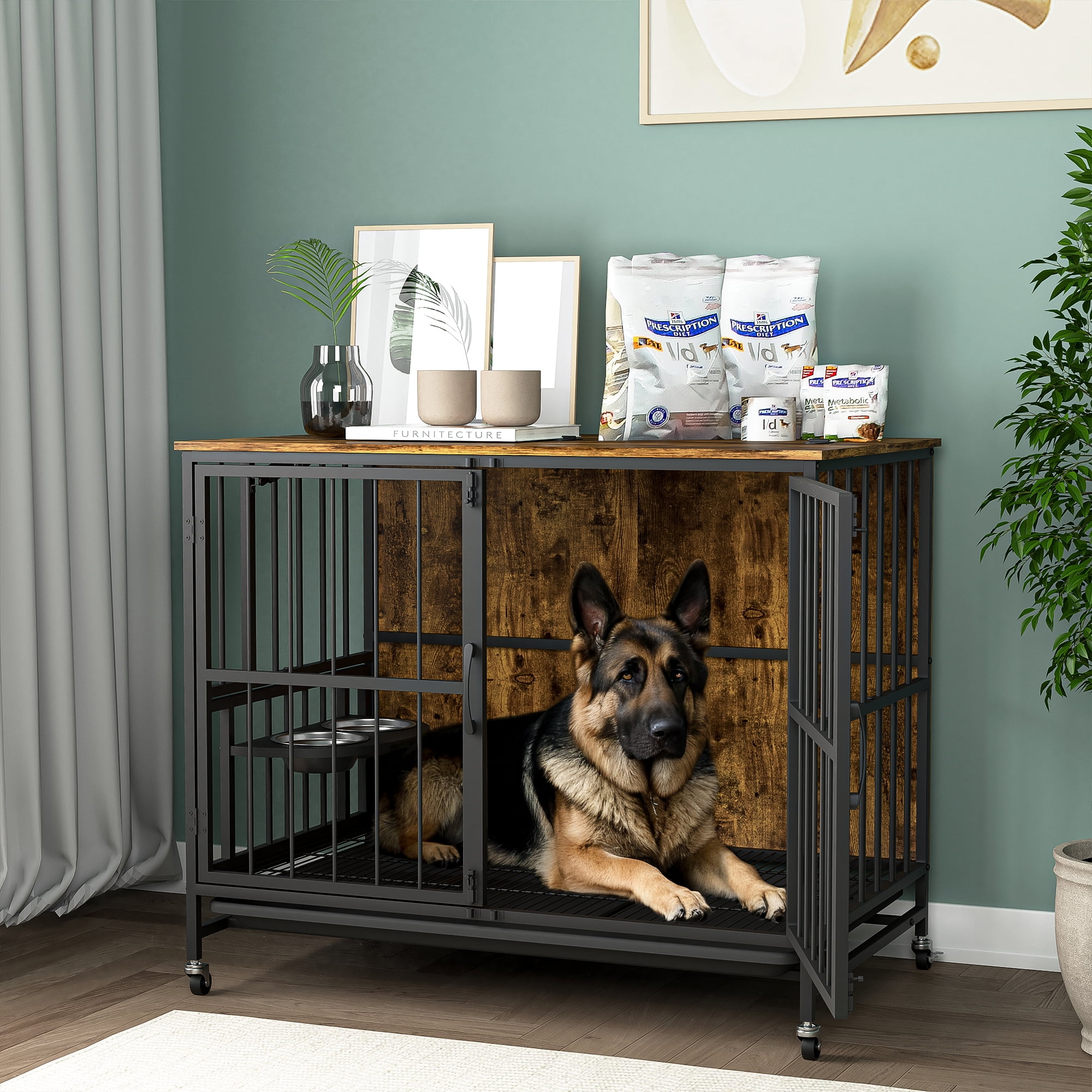 Hommoo Modern Kennel Dogs Room, Double-Door Dog House with Removable Tray, lift Panel, Adjustable Feeding Bowls, Dog Crate Cage for up to 80 LB, Brown