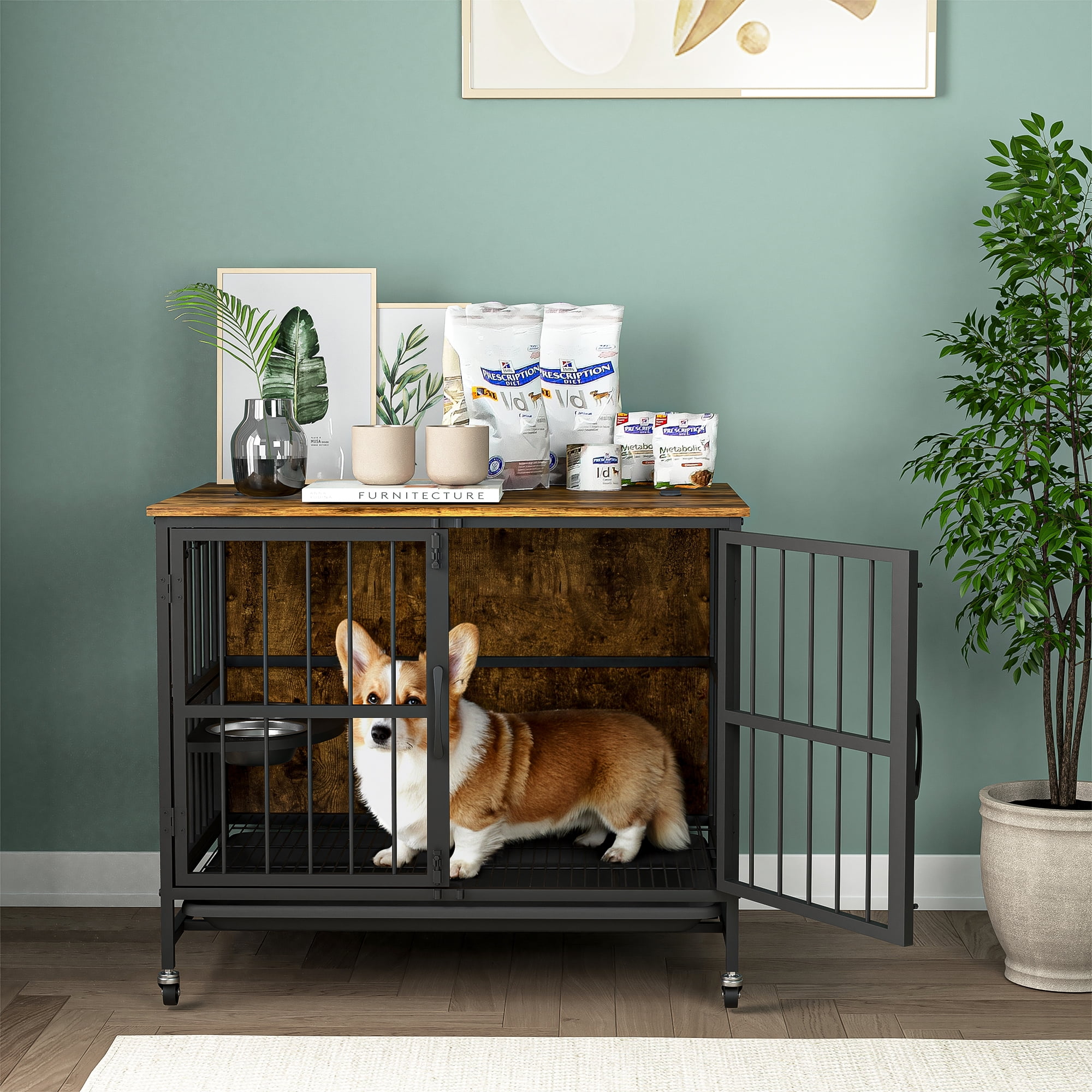 Hommoo Modern Kennel Dogs Room, Double-Door Dog House with Removable Tray, Lift Top, Adjustable Feeding Bowls, Dog Crate Cage for up to 60 lb, Brown