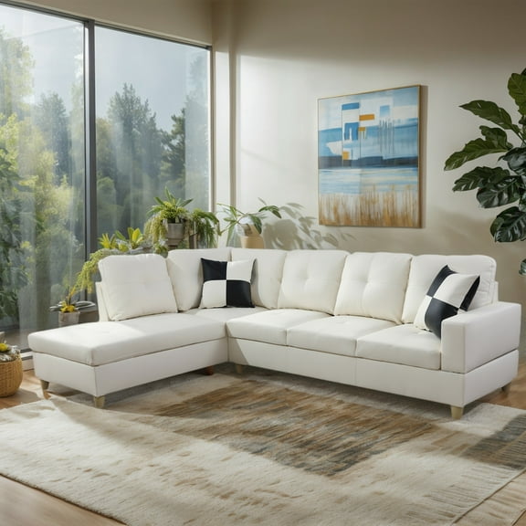 Hommoo Modern L-Shaped Couch Sofa Set, Faux Leather Living Room Furniture Sets, 4-Seat Sectional Sofa for Small Space,White(No Ottoman)