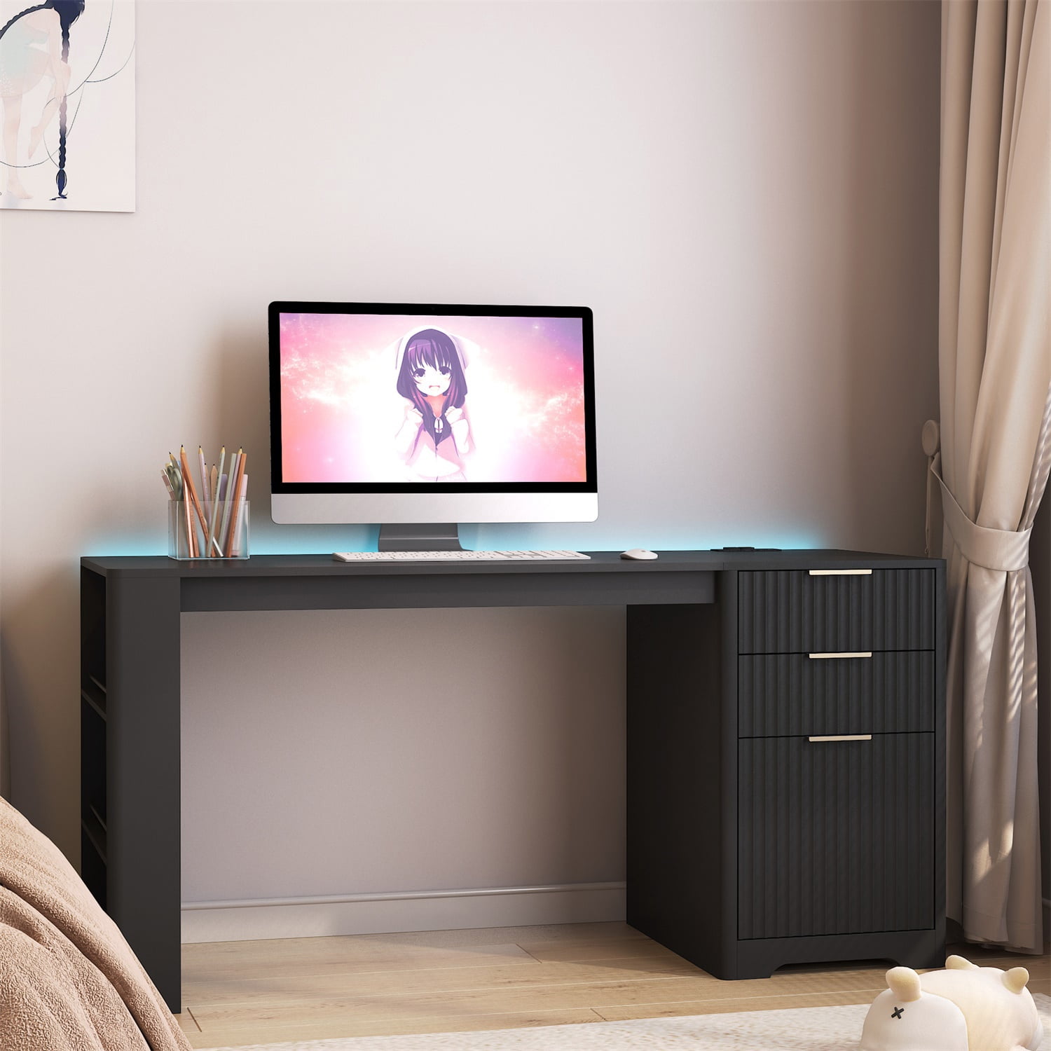 Hommoo Modern L Shaped Desk with Charge Station, LED Light and Storage, Computer Corner Desk,for Home and Office, Black