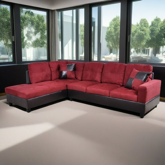 Hommoo Modern L Shaped Sectional Couch, 4 Seats Flannel and PVC Sectional Sofa Couch Set, Living Room Furniture Set, Red