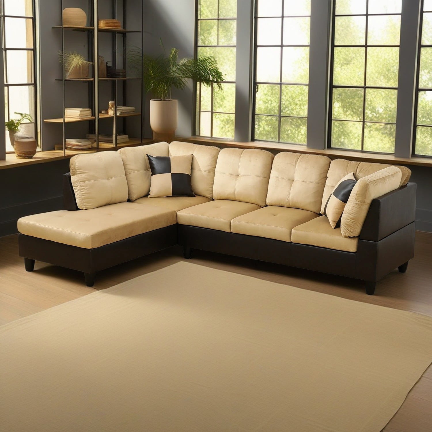 Hommoo Modern L Shaped Sectional Couch, 4 Seats Lint and PVC Sectional Sofa Couch Set, Living Room Furniture Set, Beige and Brown