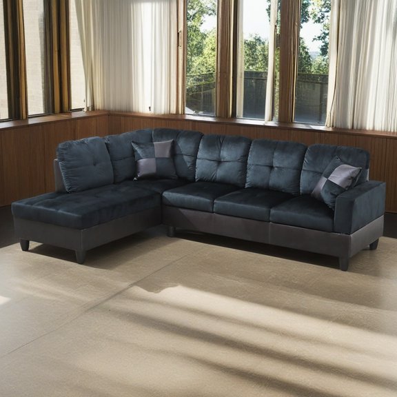 Hommoo Modern L Shaped Sectional Couch, 4 Seats Lint and PVC Sectional Sofa Couch Set, Living Room Furniture Set, Dark Blue and Brown