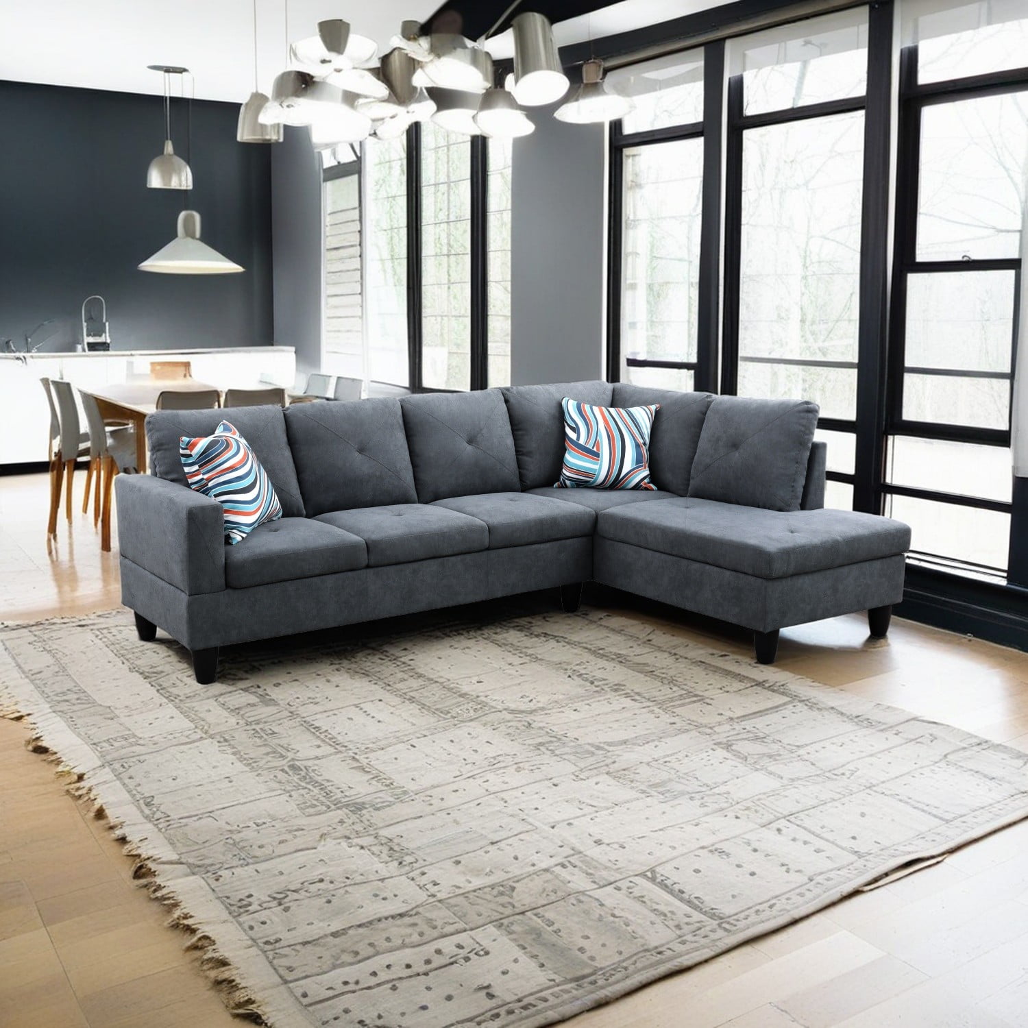 Hommoo Modern L-Shaped Sofa, Flannelette 2-Piece Living Room Sofa, 4-seater Convertible Sofa, Suitable for Apartment, Office, Home Furniture, Dark Grey (No Ottoman)