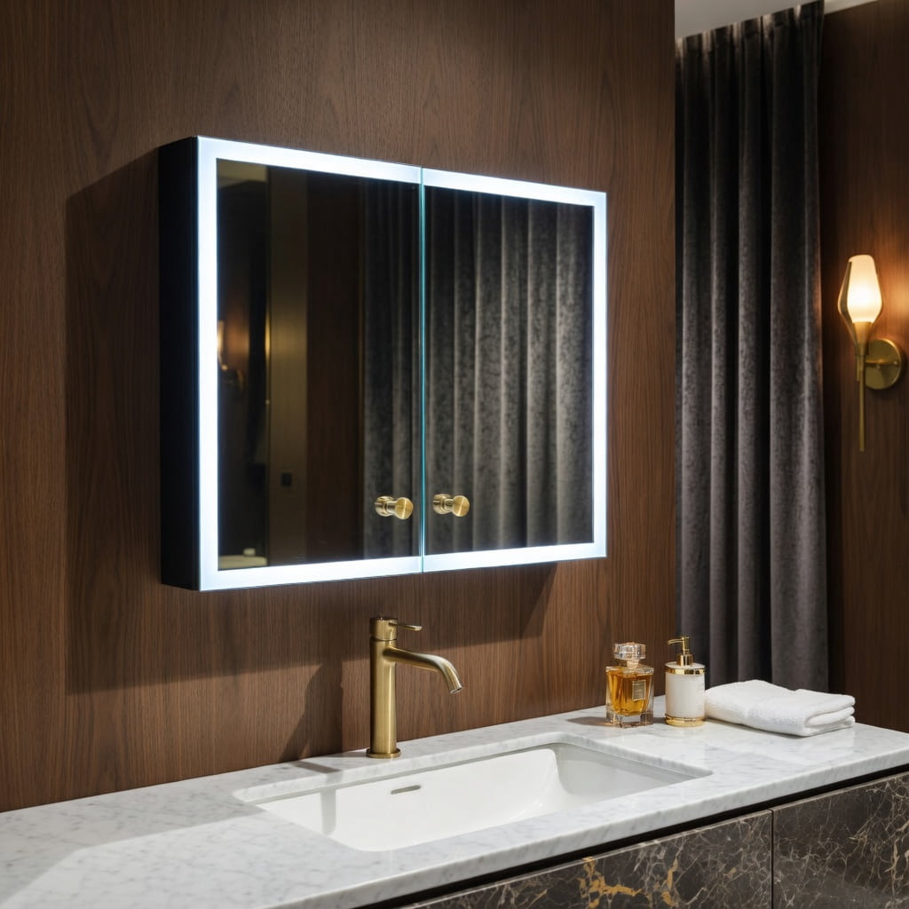 Hommoo Modern LED Bathroom Medicine Cabinet with Anti-Fog Mirror, Soft White Lighting & Wall-Mounted Aluminum Frame, Two-Door Storage, Black