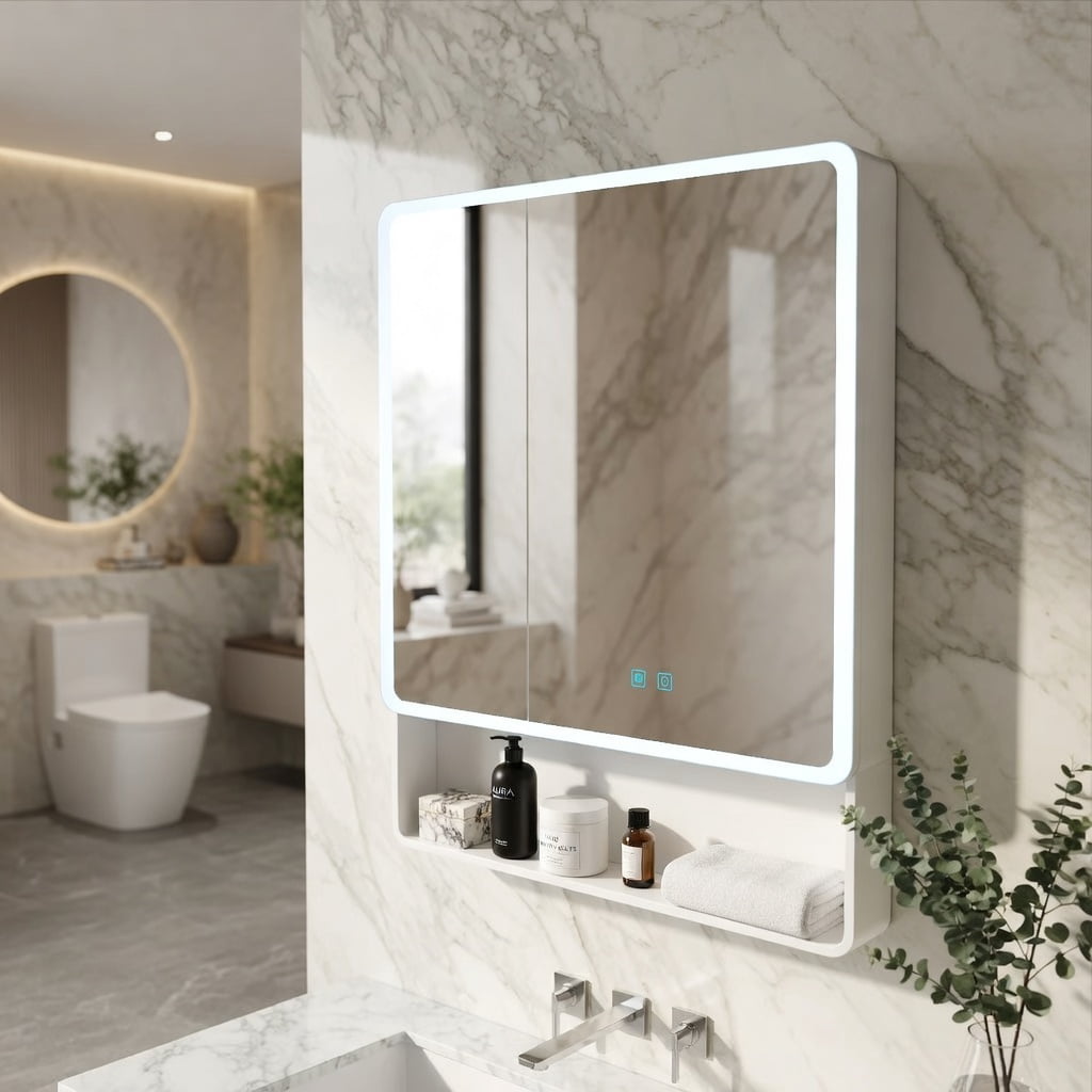 Hommoo Modern LED Bathroom Medicine Cabinet with Anti-Fog Mirror, Soft White Lighting & Wall-Mounted Aluminum-Plastic Storage, Two-Door, White