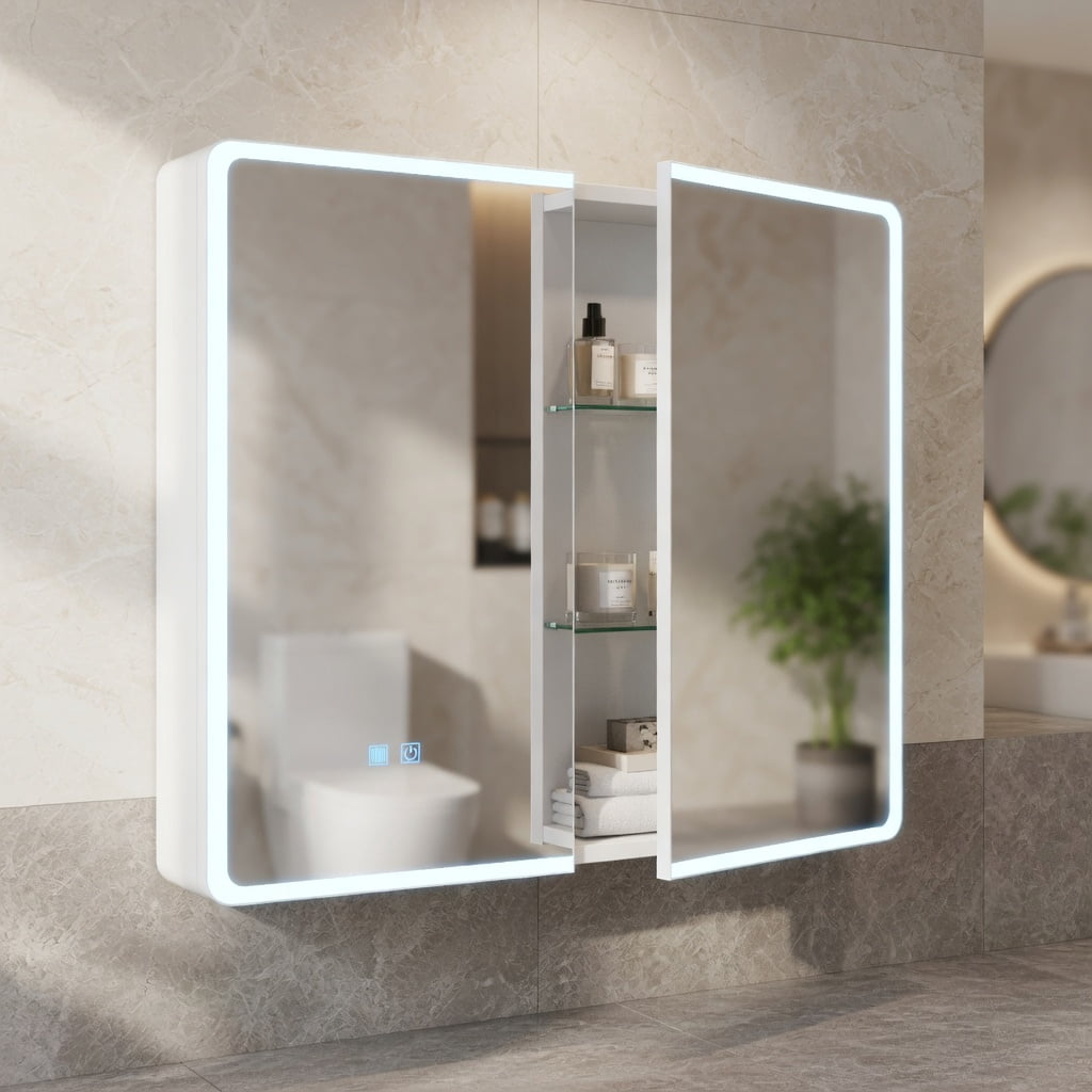 Hommoo Modern LED Bathroom Medicine Cabinet with Anti-Fog Mirror & Soft White Lighting, Wall-Mounted Aluminum-Plastic Two-Door Vanity Storage, White