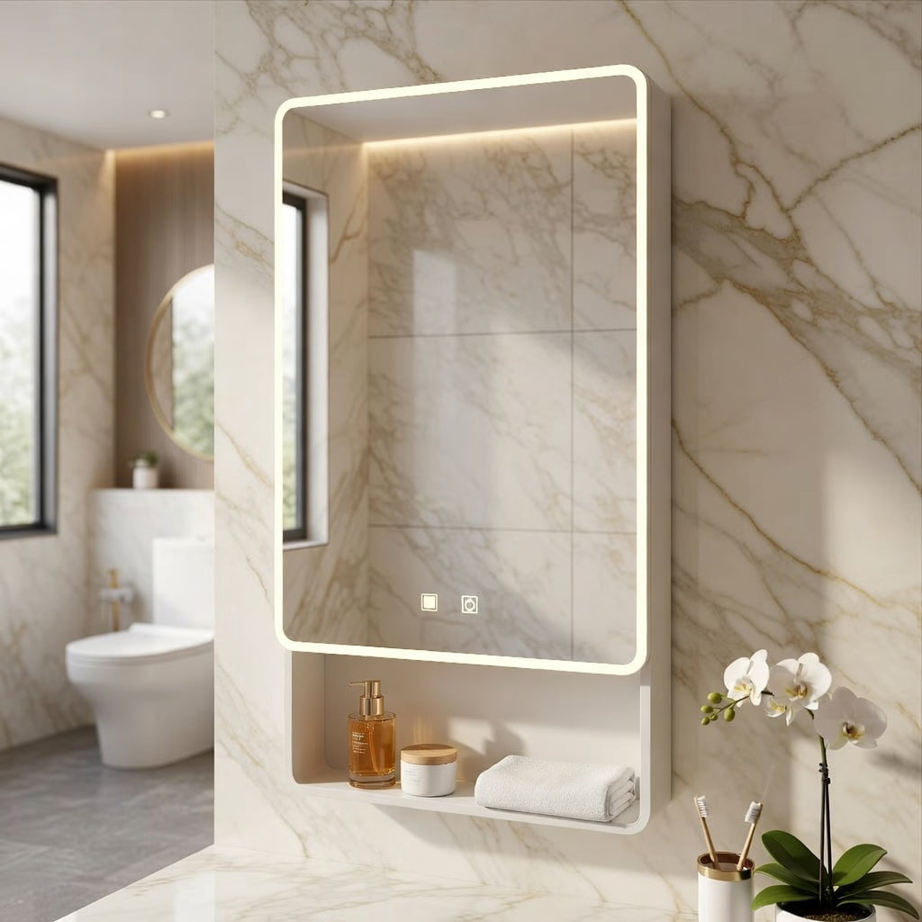 Hommoo Modern LED Bathroom Medicine Cabinet with Anti-Fog Mirror, Warm White Lighting & Wall-Mounted Aluminum-Plastic Design, Single Door, White
