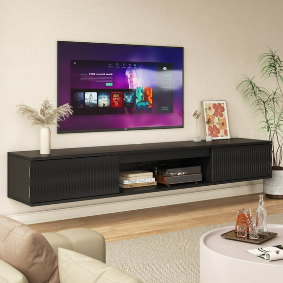 Hommoo Modern LED TV Stand, Carved Surface Wall-Mounted TV Cabinet with Double Doors &Open Shelf, Entertainment Center with Storage, Black