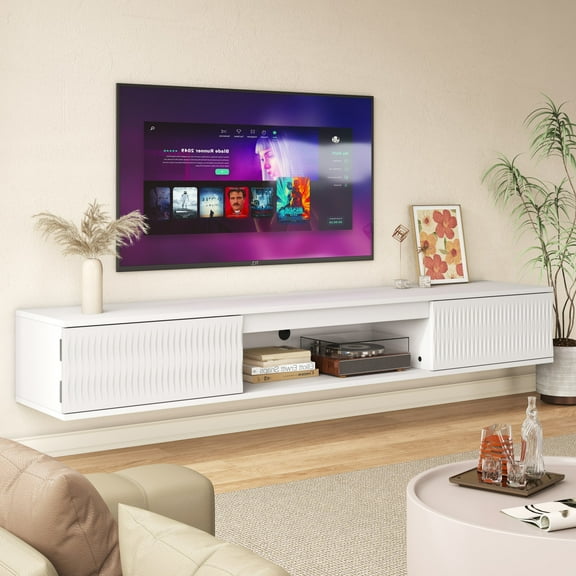 Hommoo Modern LED TV Stand, Carved Surface Wall-Mounted TV Cabinet with Double Doors &Open Shelf, Entertainment Center with Storage, White