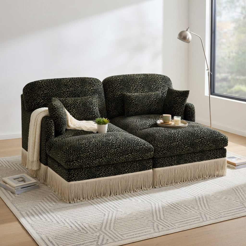 Hommoo Modern Leopard Print Chenille Loveseat Sofa with Movable Ottomans, 2-Seat Deep Seat Couch, Tassel Trim, Ergonomic Support & Easy Assembly for Living Room, Green Black