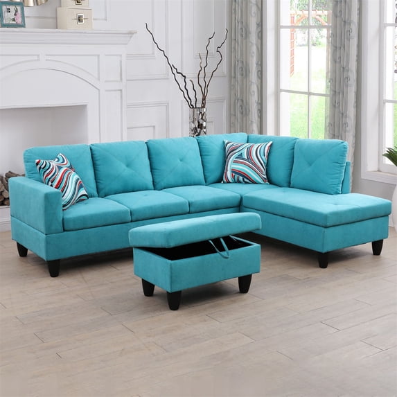 Hommoo Modern Linen 2-Piece Living Room Sofa Set Sectional Couches and Sofas, L-Shaped Sectional Couch Sofa, Green(No Ottoman)