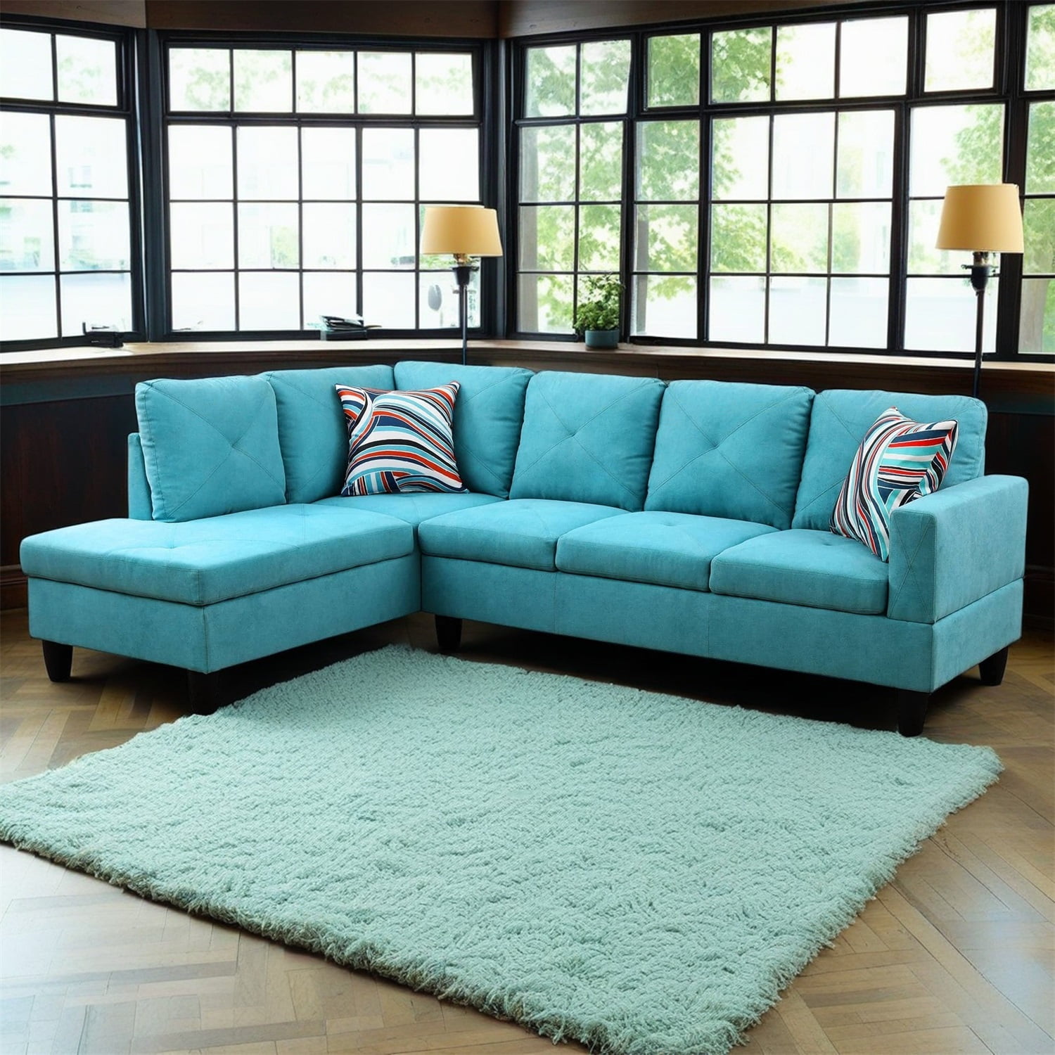 Hommoo Modern Linen 2-Piece Living Room Sofa Set Sectional Couches and Sofas, L-Shaped Sectional Couch Sofa, Light Blue(No Ottoman)