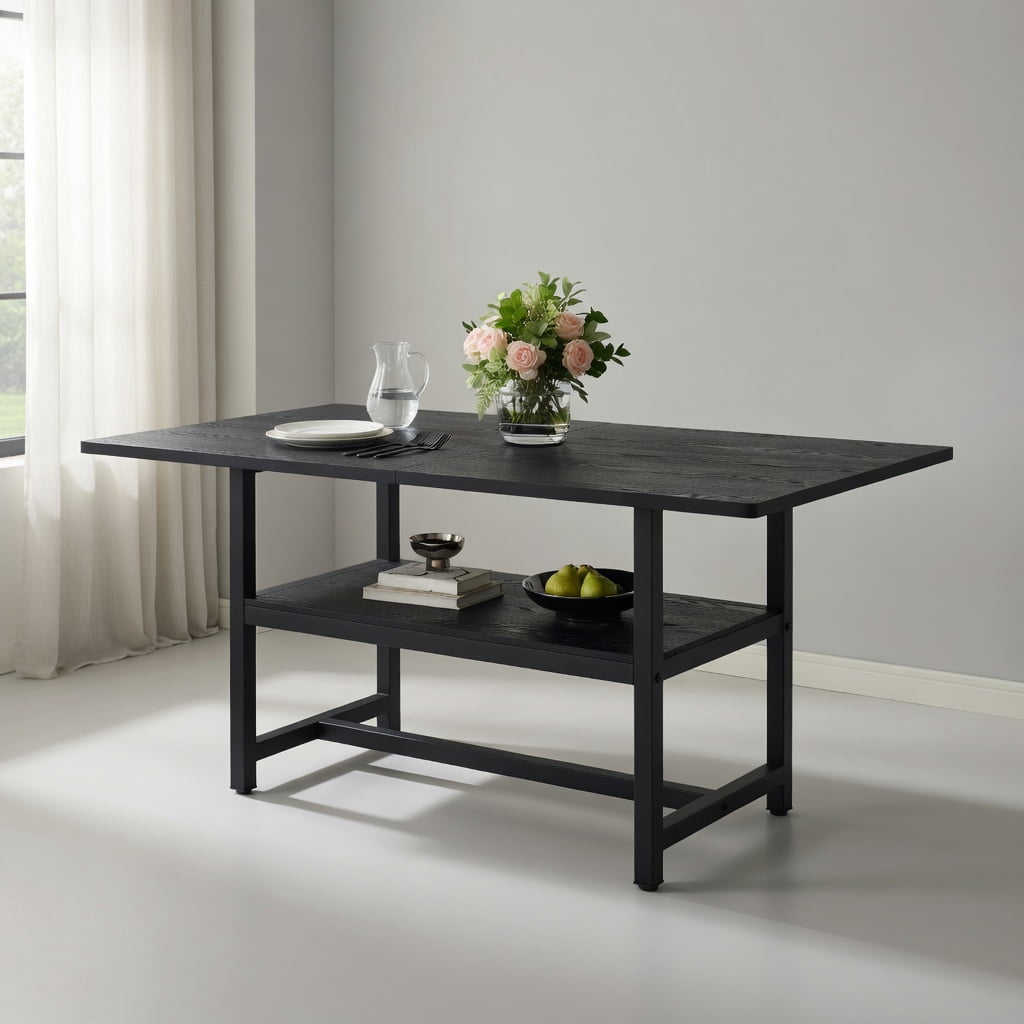 Hommoo Modern MDF Dining Table 71in x 35.4in with Built-in Storage Shelf, Minimalist Industrial Style Extendable-Look Solid Table for Family Meals & Small Spaces, Black