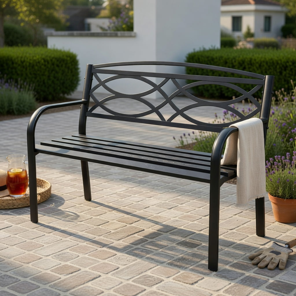 Hommoo Modern Metal Garden Bench with Curved Armrests & Contoured Backrest, Outdoor Patio Bench for Yard, Poolside or Deck, Black