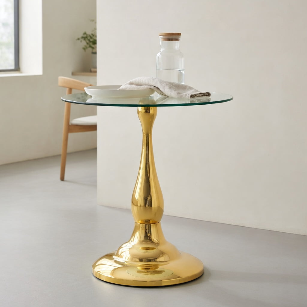 Hommoo Modern Metal Side Table with Tempered Glass Top, 20.3 in Height, Round 19.6 in Diameter, Indoor & Outdoor Use, Gold