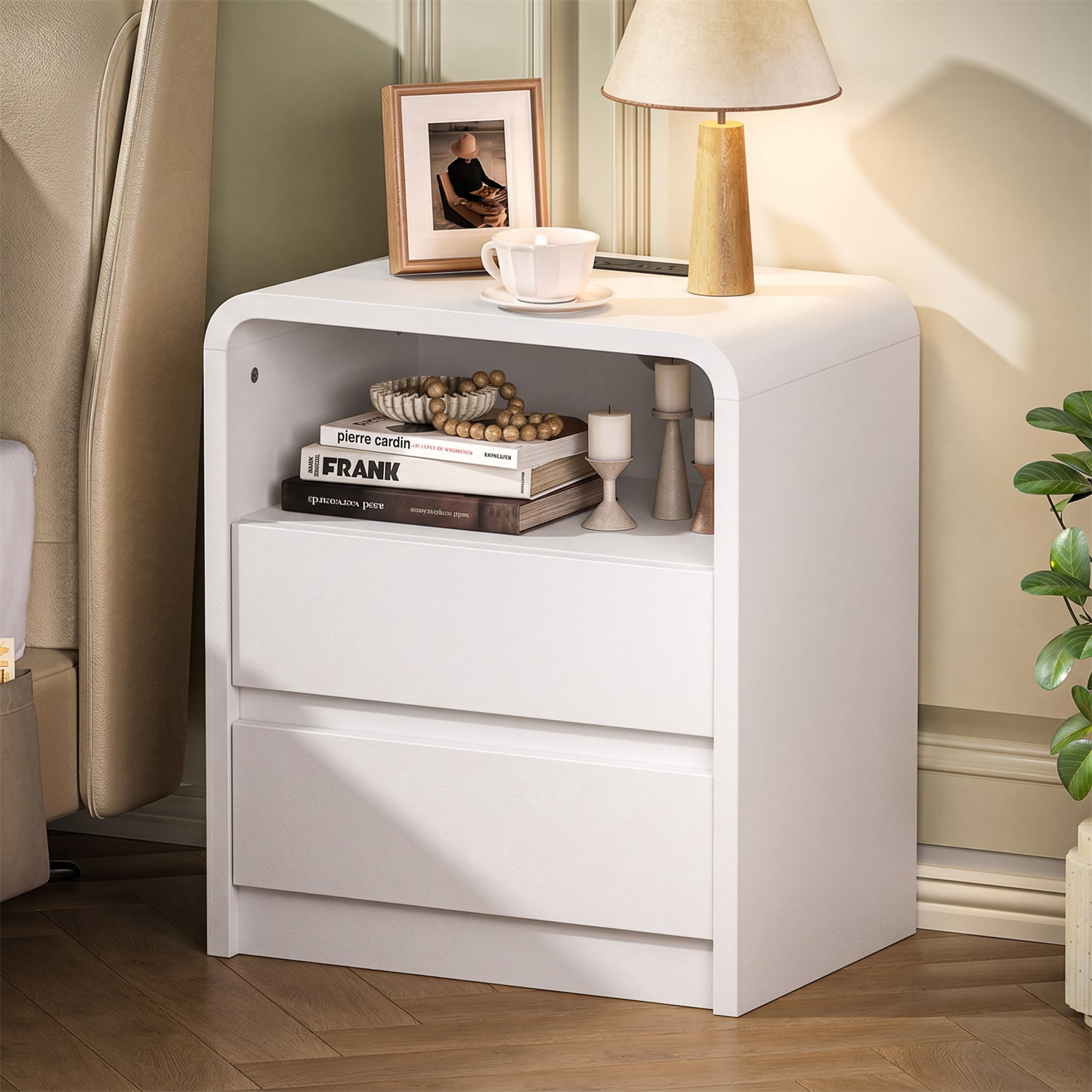 Hommoo Modern Mid-Century Nightstand with Built-in Charging Station, 25" Tall Bedside Table with 2 Soft-Close Drawers, 2 AC Outlets & 2 USB Ports, Engineered Wood Bedroom End Table, White