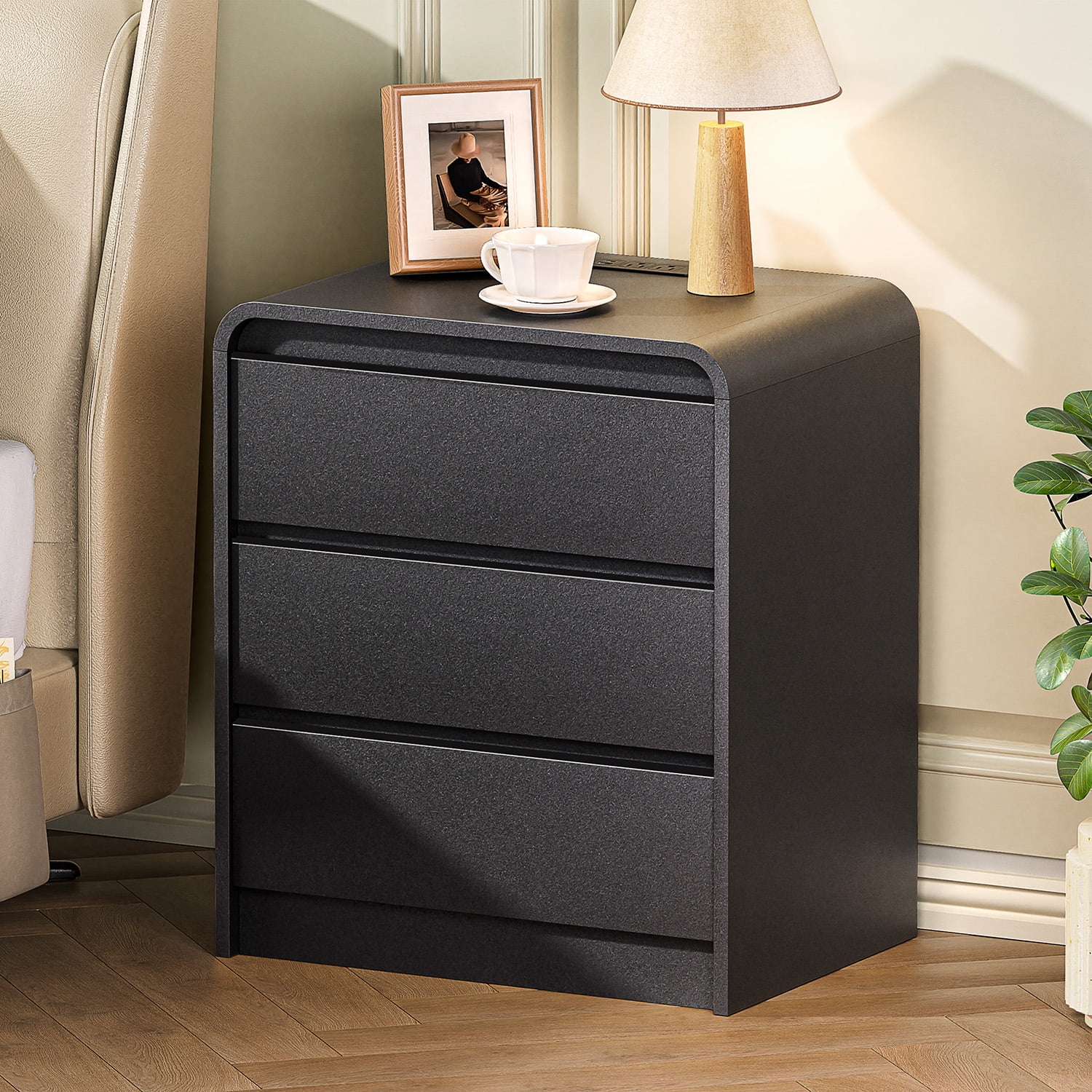 Hommoo Modern Mid-Century Nightstand with Built-in Charging Station, 25" Tall Wood Bedside Table with 3 Soft-Close Drawers, 2 AC Outlets & 2 USB Ports, Black
