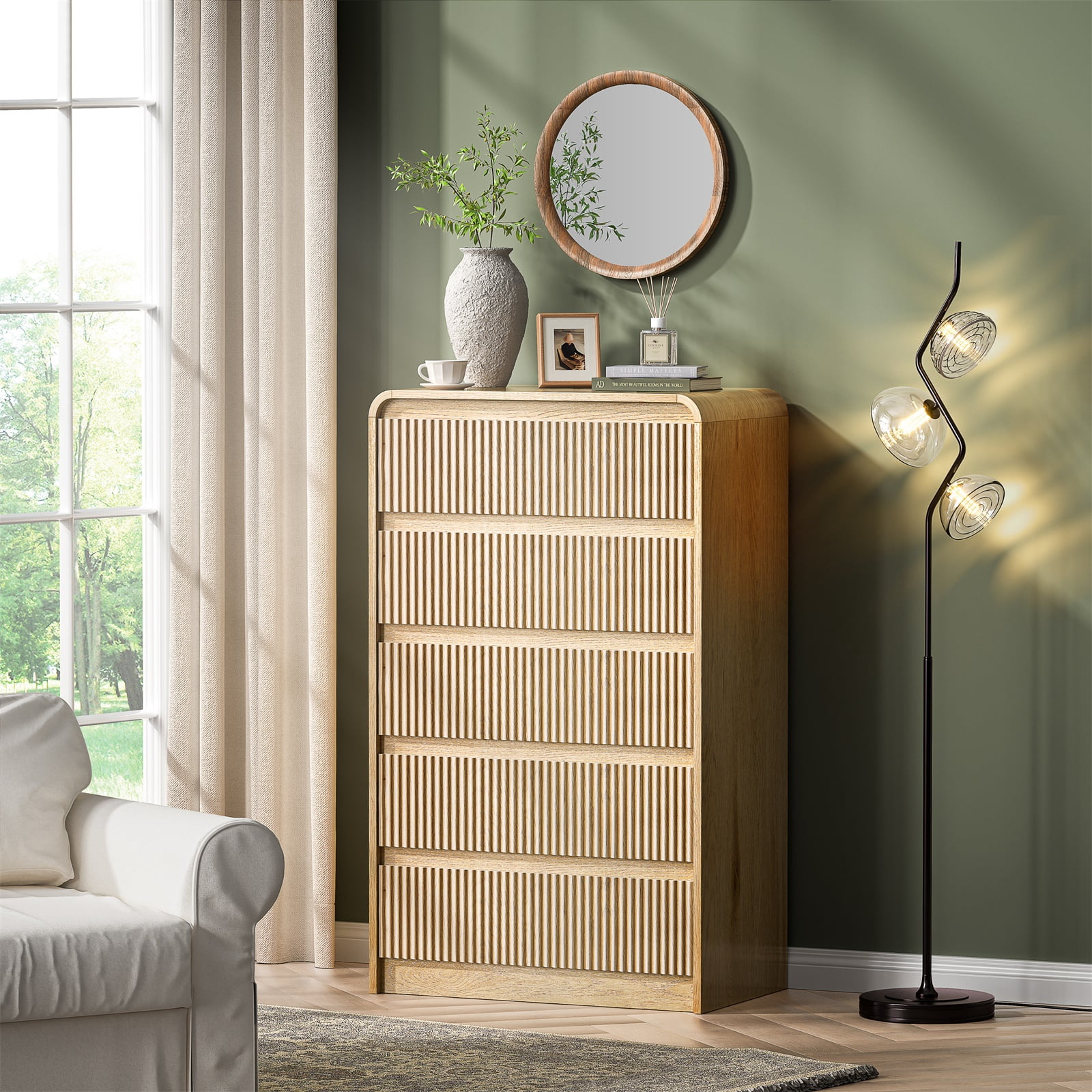 Hommoo Modern Mid-Century Wood Dresser with 5 Smooth-Gliding Drawers, Tall 45" Fluted Storage Cabinet for Bedroom, Living Room & Entryway, Natural
