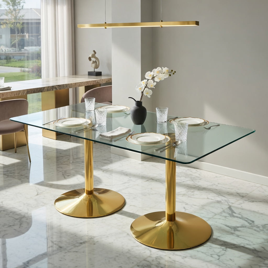 Hommoo Modern Minimalist Oval Glass Dining Table with Electroplated Metal Legs, 71 in L x 35.4 in W Tempered Glass Top, Ideal for Living Room & Restaurant, Gold