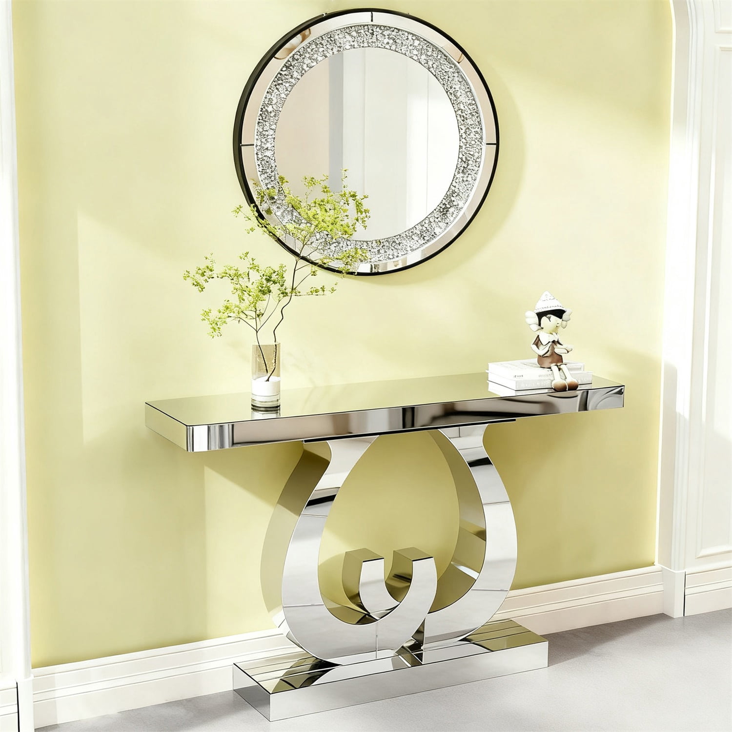 Hommoo Modern Mirror Side Table Glass Sofa Table with Mirror Effect and Double C-Shaped Base, Entrance Table Rectangular Decoration Hall Table for Living Room, Hallway, Silver