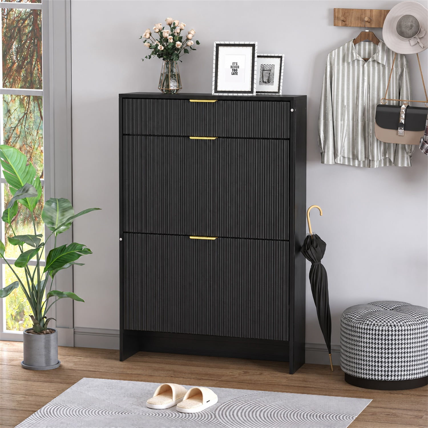 Hommoo Modern Narrow Fluted Shoe Storage Cabinet with Gold Pull Handles, Freestanding Slim Shoe Organizer for Entryway, Hallway or Bedroom Closet, Black