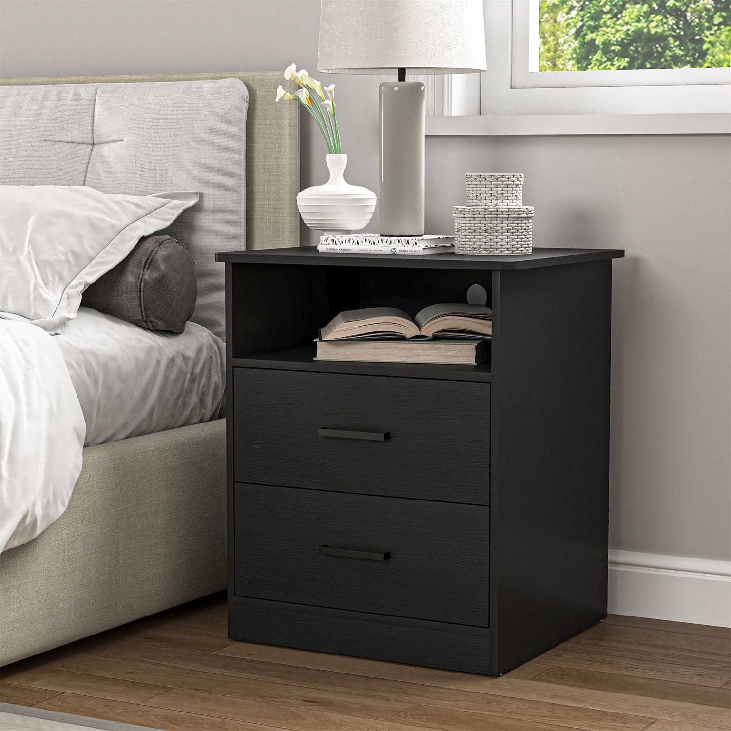 Hommoo Modern Nightstand with 2 Drawers and Open Shelf, End Side Table Bedside Table with Charging Station, Black