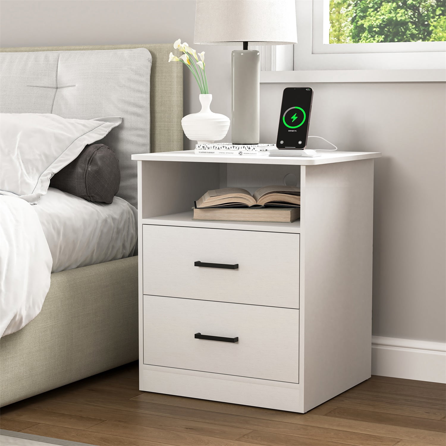 Hommoo Modern Nightstand with 2 Drawers and Open Shelf, End Side Table Bedside Table with Charging Station, White