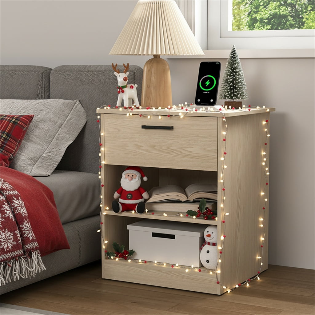 Hommoo Modern Nightstand with Charging Station, End Side Table Bedside Table with Drawer and Open Storage, Natrual