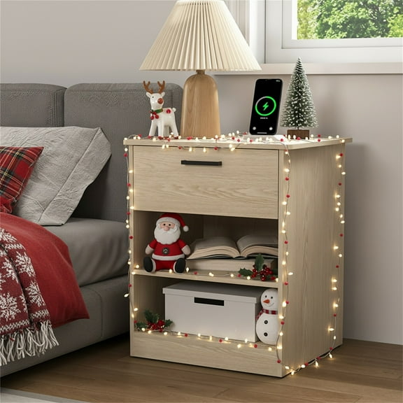 Hommoo Modern Nightstand with Charging Station, End Side Table Bedside Table with Drawer and Open Storage, Natrual