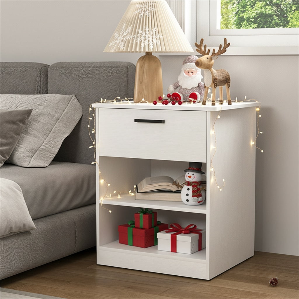 Hommoo Modern Nightstand with Charging Station, End Side Table Bedside Table with Drawer and Open Storage, White