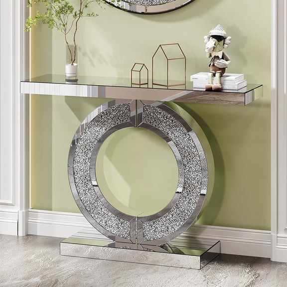 Hommoo Modern O-Shaped Mirrored Glass Console Table with Crushed Diamond Inlay, Handicrafts Mirror Table for Hallway Entry, Living Room, Sliver