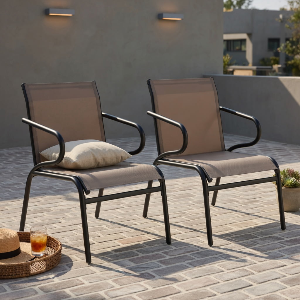 Hommoo Modern Outdoor Patio Chairs Set of 2, Breathable Fabric, Heavy-Duty Metal Frame, Ergonomic Design for Porch, Deck, Poolside & Garden, Black & Brown