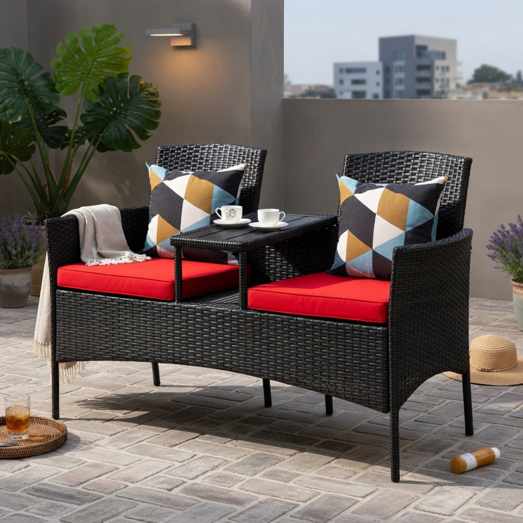 Hommoo Modern Outdoor Patio Conversation Set with Built-in Trapezoid Coffee Table & Removable Cushions, Brown Rattan, Red
