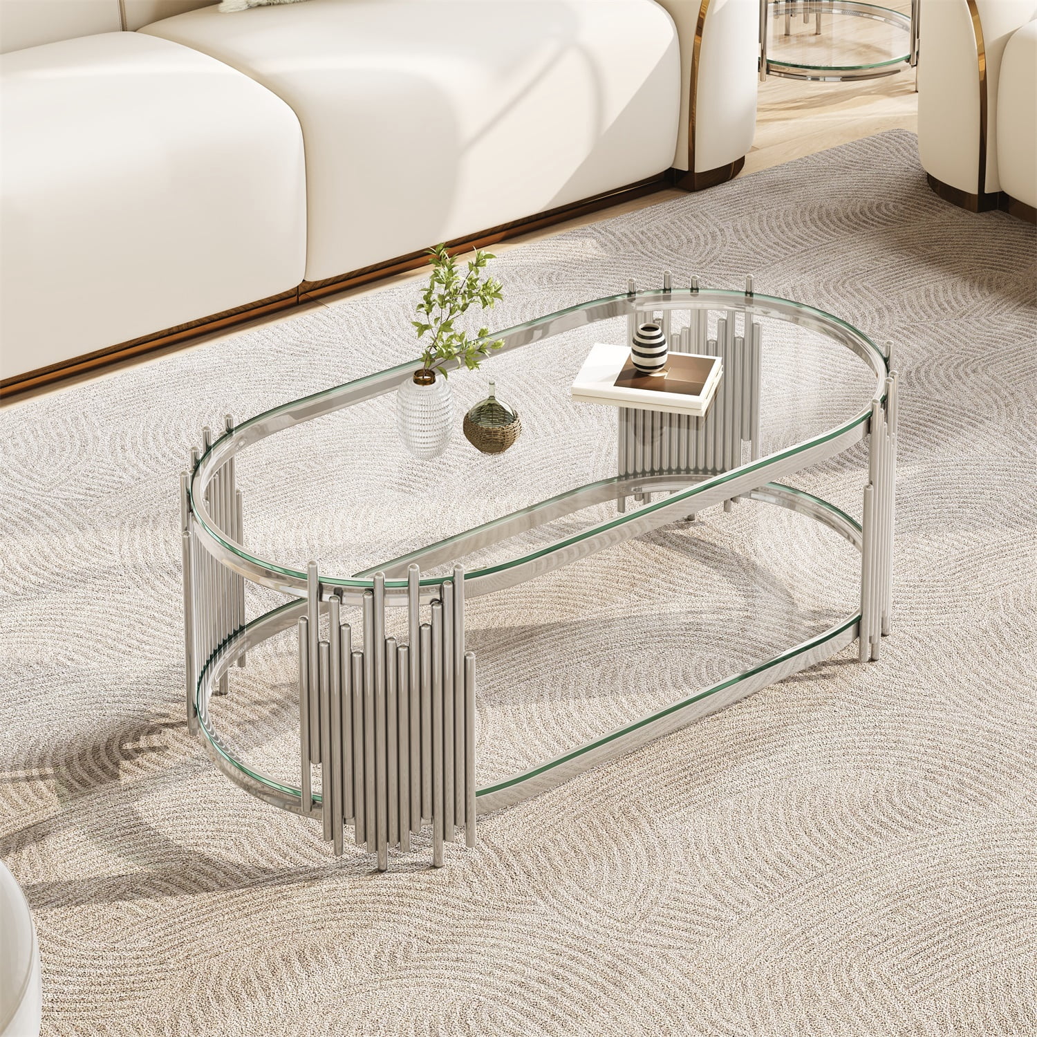Hommoo Modern Oval Coffee Table with 2-Tier Tempered Glass Shelves, Polished Stainless Steel Frame, Organ Pipe Design, Living Room Center Table, Sliver