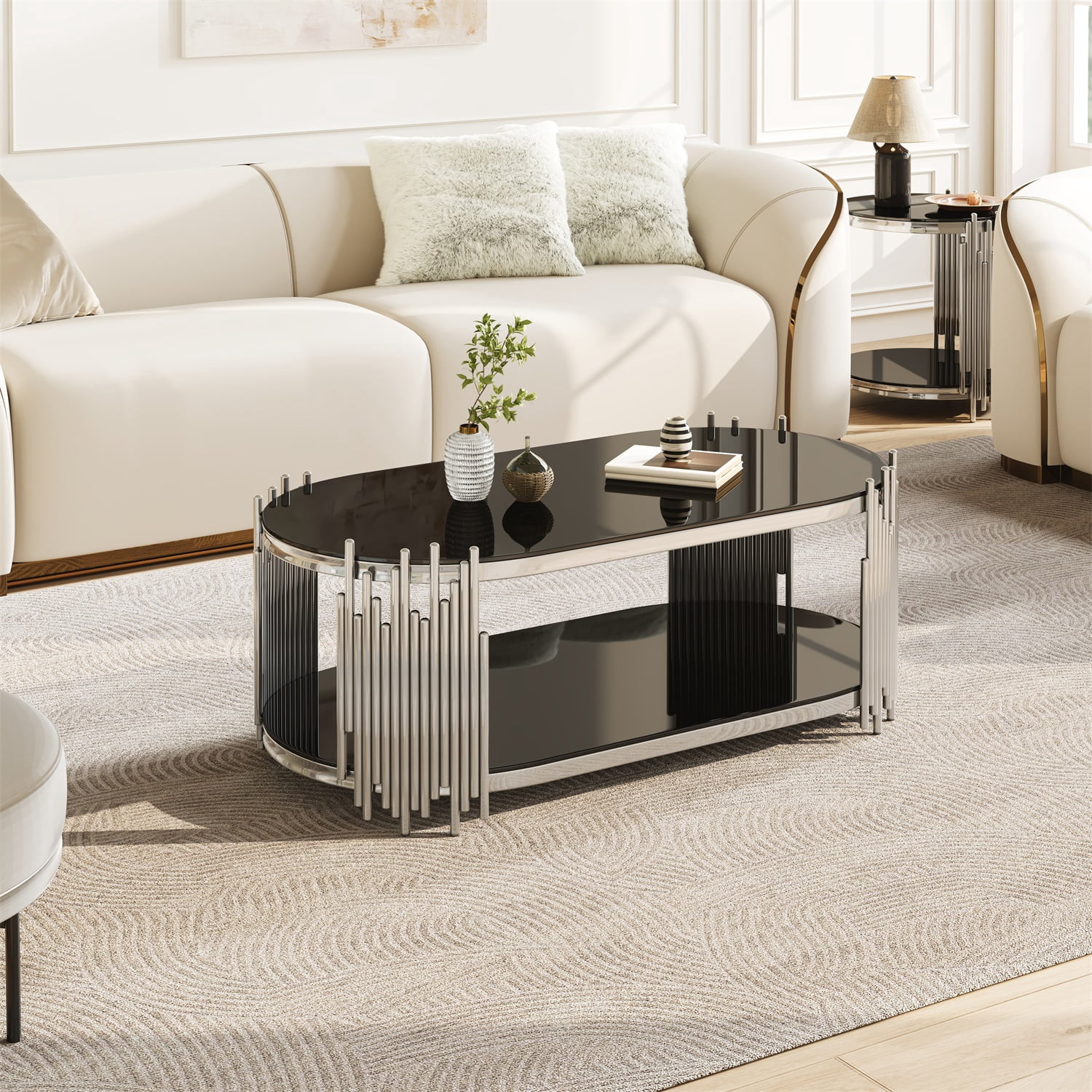 Hommoo Modern Oval Coffee Table with 2-Tier Tempered Glass Shelves & Organ Pipe Stainless Steel Base, Luxury Living Room Center Table, Black & Sliver