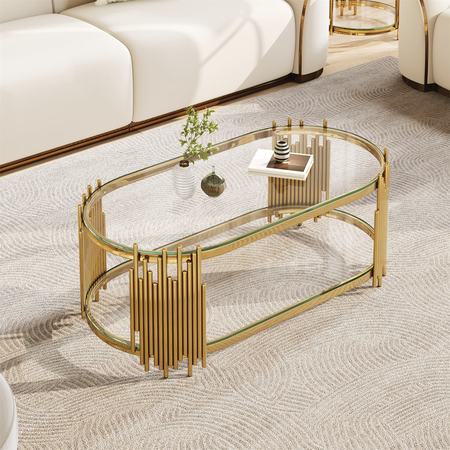 Hommoo Modern Oval Coffee Table with 2-Tier Tempered Glass Shelves, Stainless Steel Organ Pipe Base, Living Room Center Table, Gold