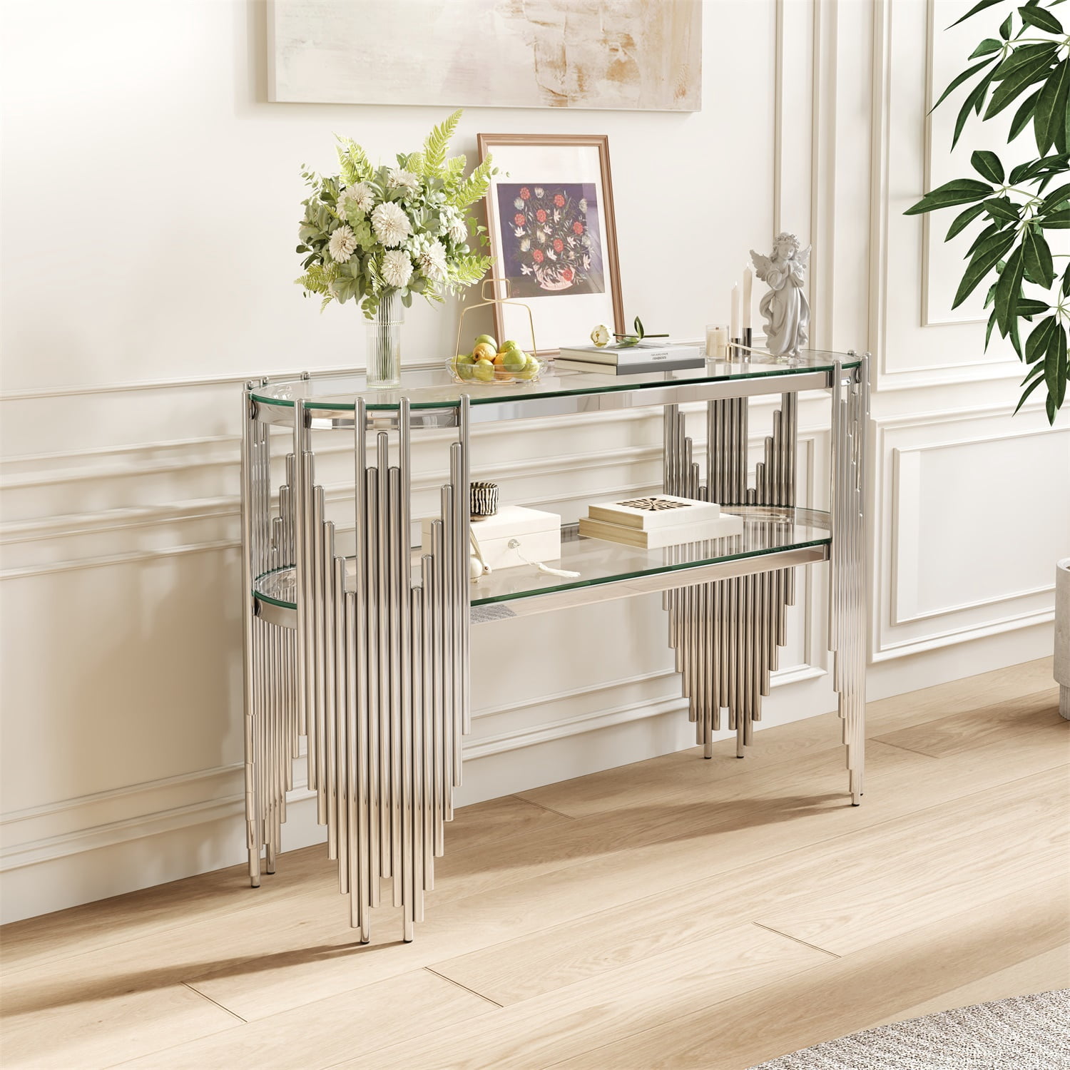 Hommoo Modern Oval Console Table with 2-Tier Tempered Glass Shelves, Stainless Steel Entryway Table for Hallway, Living Room & Behind Sofa, Sliver