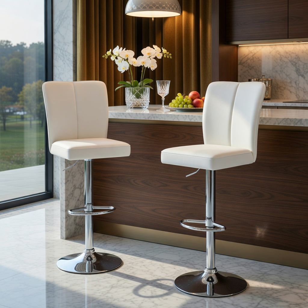 Hommoo Modern PU Leather Bar Stools Set of 2 with Adjustable Height, 360° Swivel & Trumpet Silver Metal Legs, Contemporary Kitchen, Bar & Lounge Seating, White