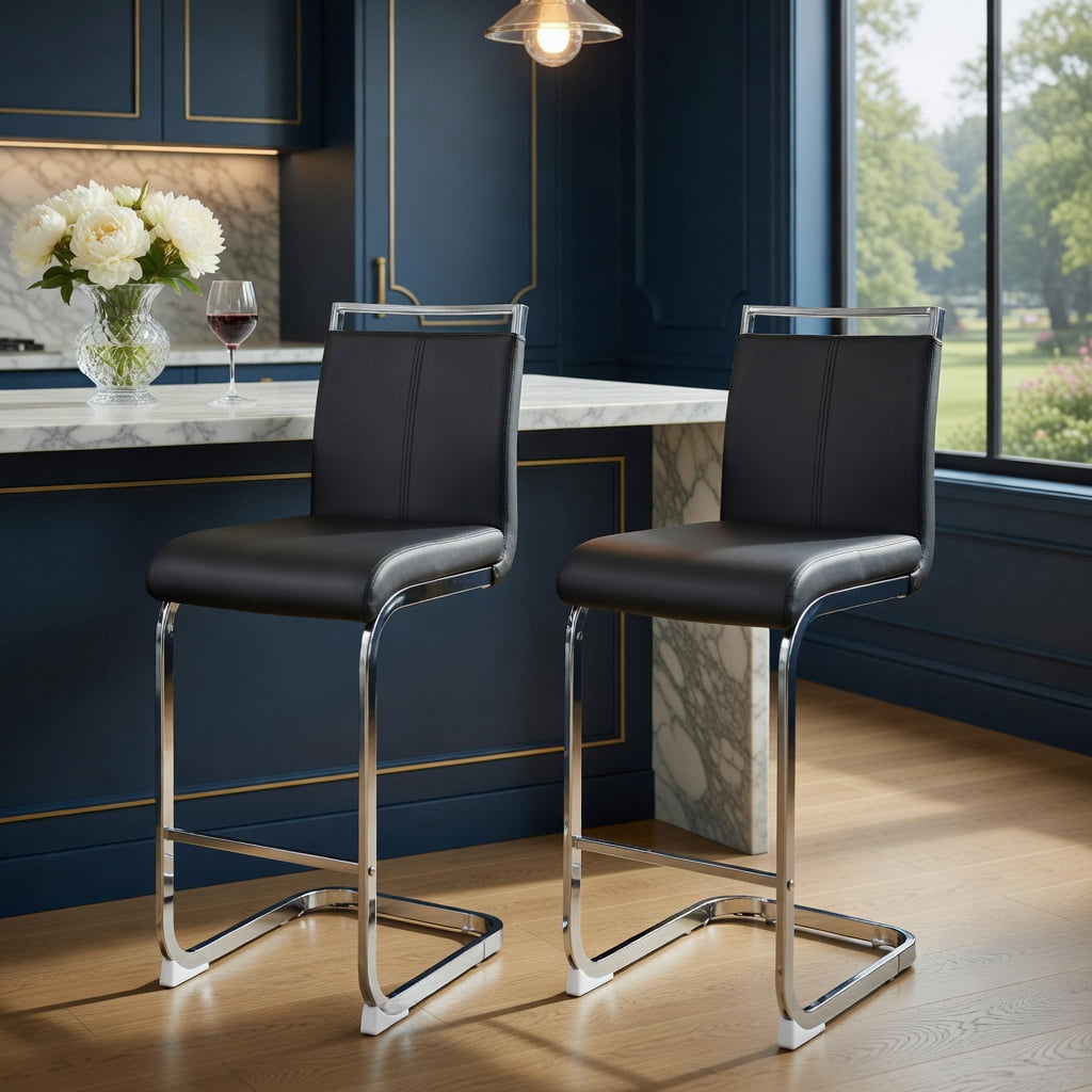 Hommoo Modern PU Leather Bar Stools Set of 6, Chrome C-Tube Metal Legs, Water-Resistant Upholstery, Easy Assembly for Kitchen, Home Bar, Restaurant & Terrace, Black