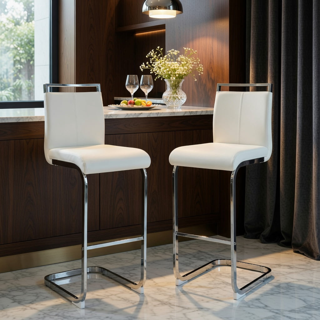 Hommoo Modern PU Leather Bar Stools with Silver C-Shaped Metal Legs, 42.5 in Tall Counter Height Chairs for Kitchen, Dining Room, Home Bar & Patio, White